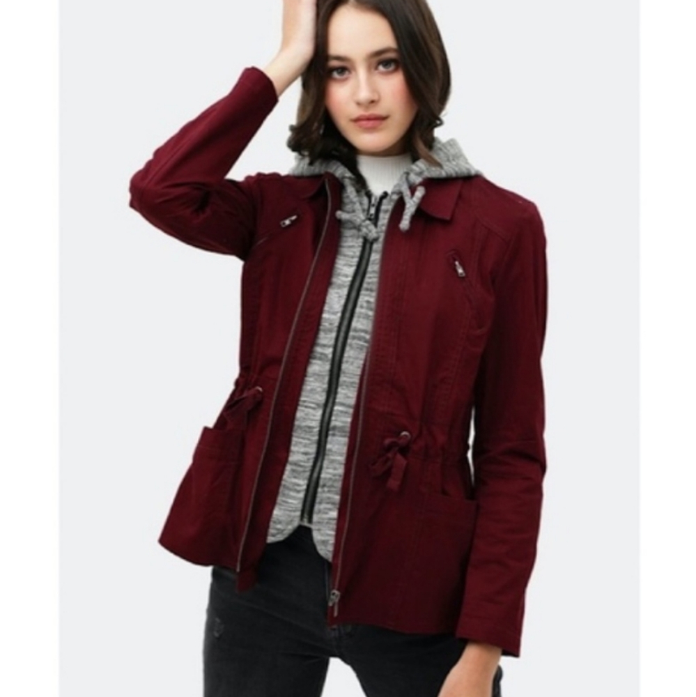 Maroon Utility Hooded Longsleeve Layered Jacket - Picture 2 of 3